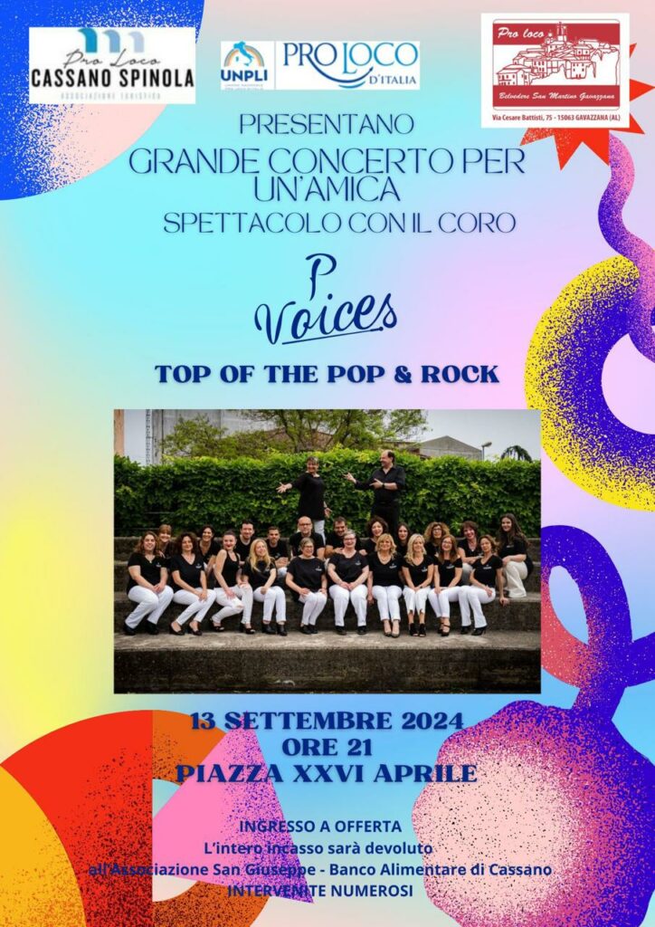 Grande concerto per un'amica Spettacolo con il coro P. Voices TOP of the pop & rock